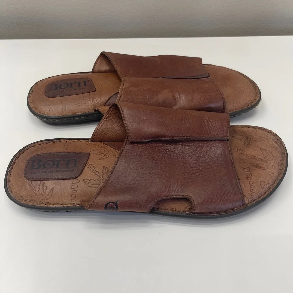 Born Slide Sandals Mens 11 Brown Leather Palm Trees Casual Comfort Slip On Shoes